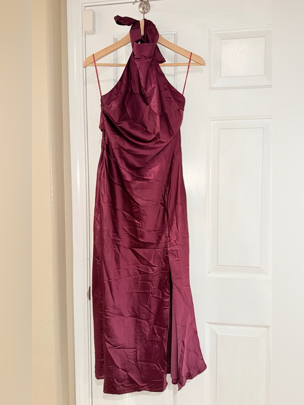 Lulu's Burgundy Satin Halter Maxi Dress